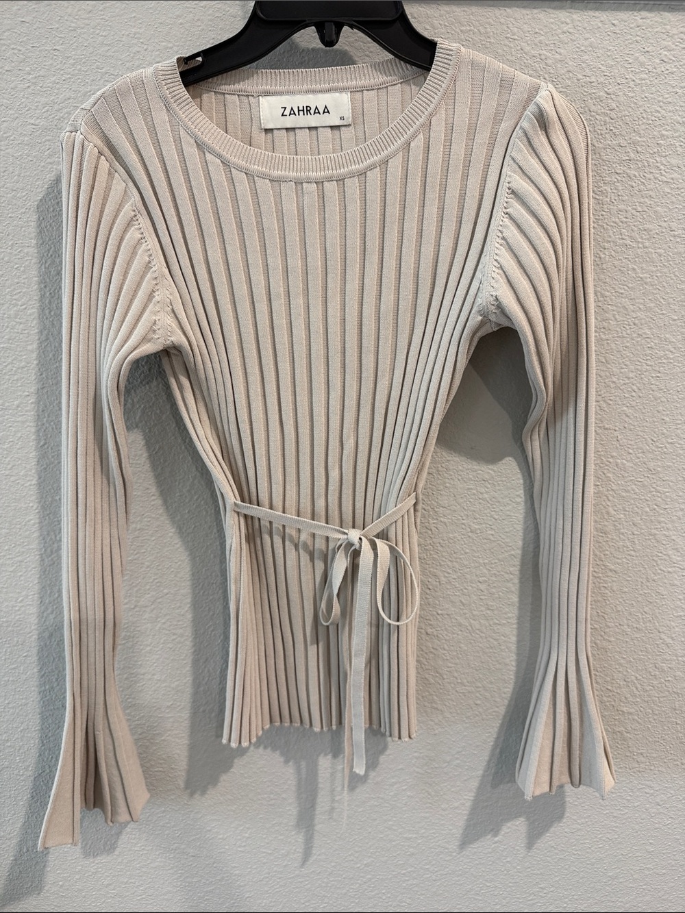 Zara Cream Ribbed Tie-Waist Long Sleeve Top